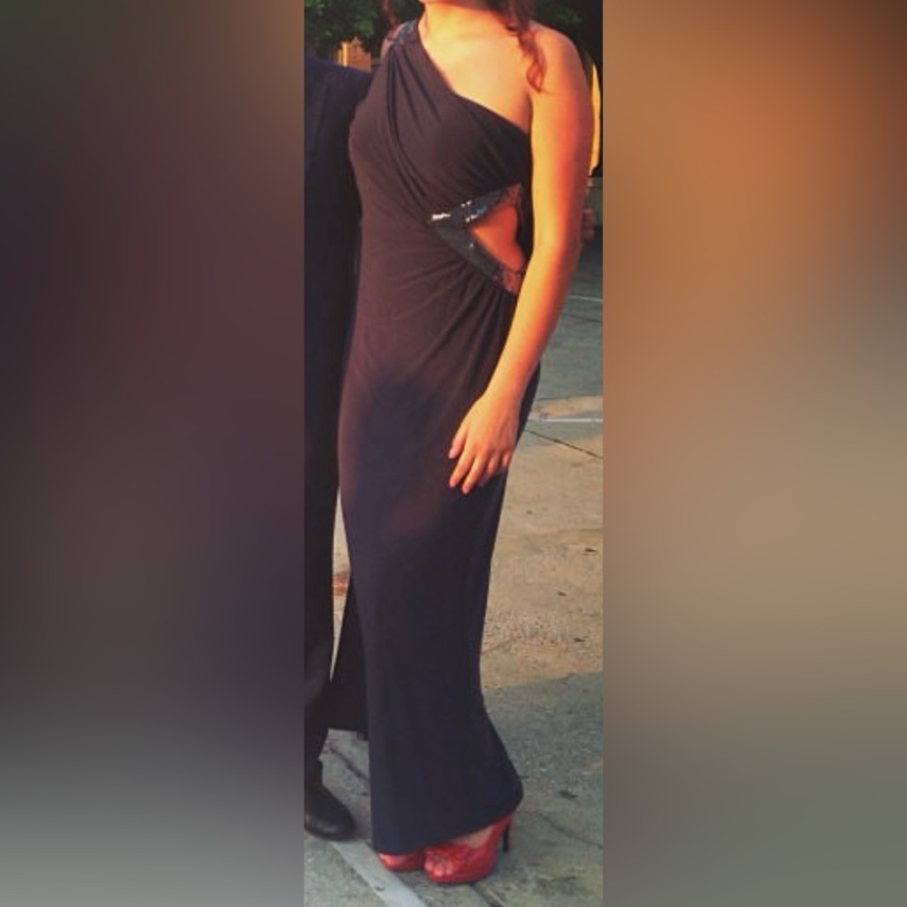 Elegant Bebe Evening One-Shoulder Dress Charcoal